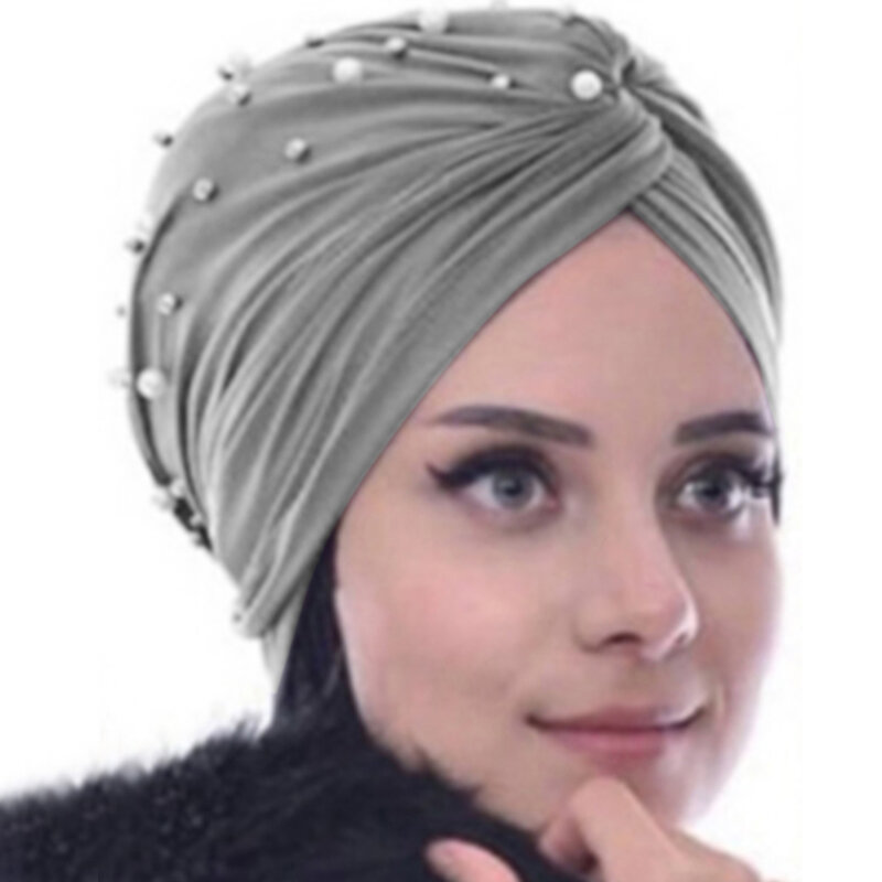 2022 ربيع الخريف النساء وشاح أنيقة السيدات قبعة صغيرة النساء المسلمين عمامة الحجاب الداخلي موضة الخرز الديكور قبعة حجم واحد