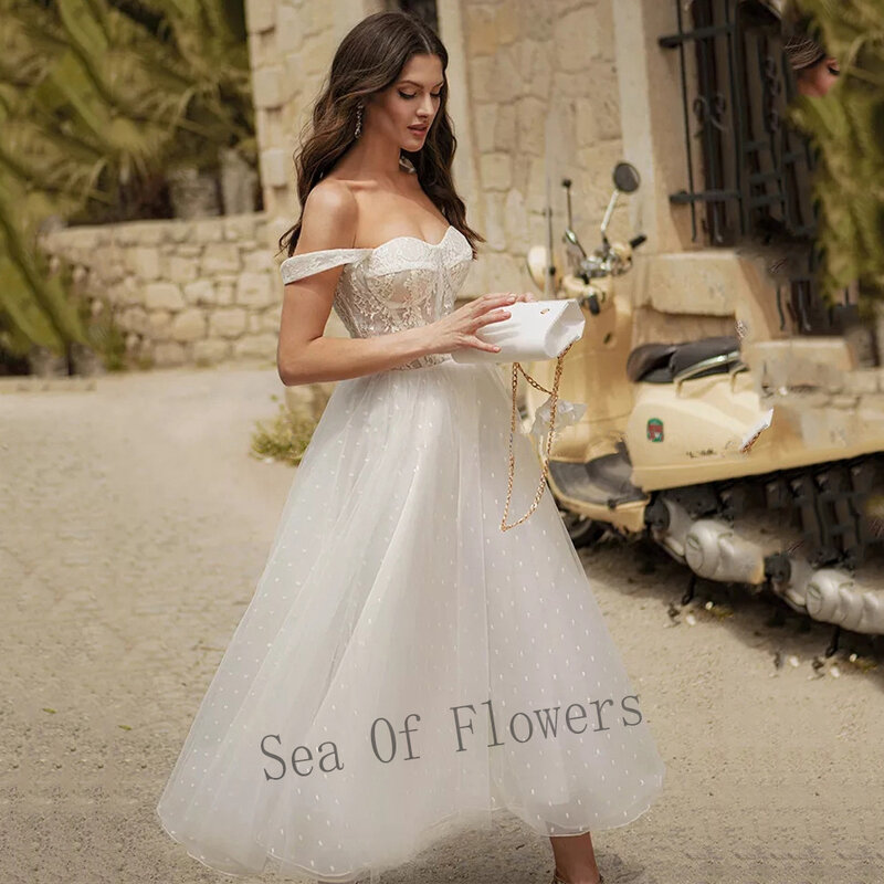 بحر من الزهور ثوب زفاف رائع للعروس الشاي طول تول ألف خط الدانتيل يصل مخصص Vestidos De Novia