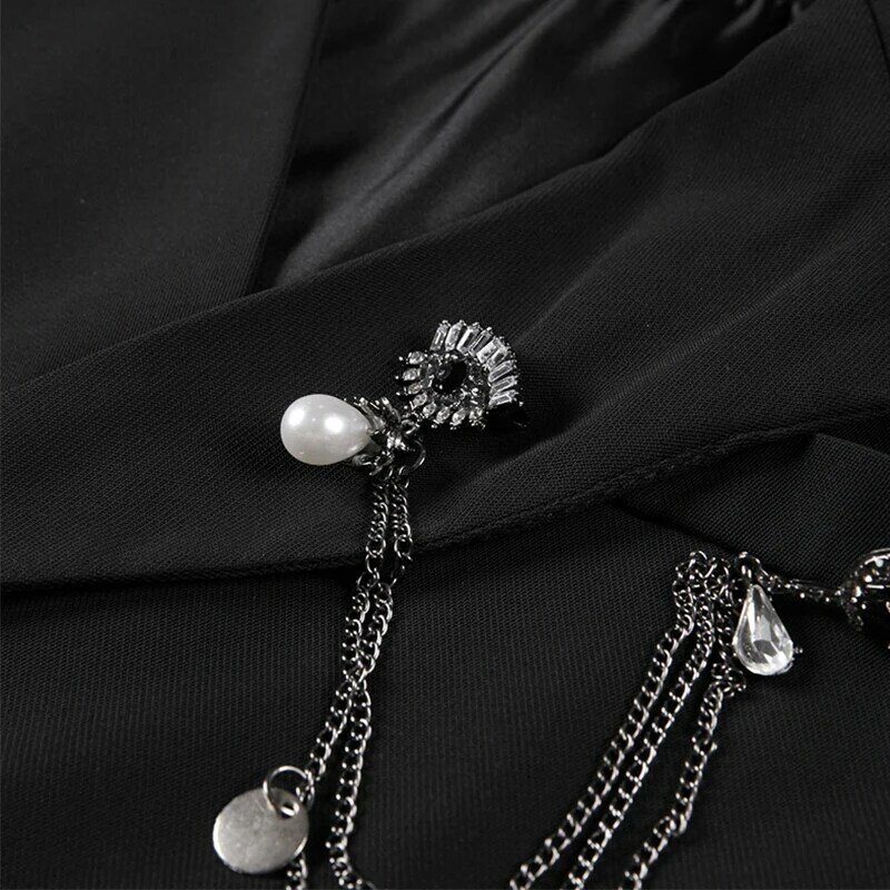 ملابس الشارع الشهير لؤلؤة مطرز سلسلة الأسود المرأة بليزرات الخريف قصيرة Empired ضئيلة الإناث أبلى سترات القمم