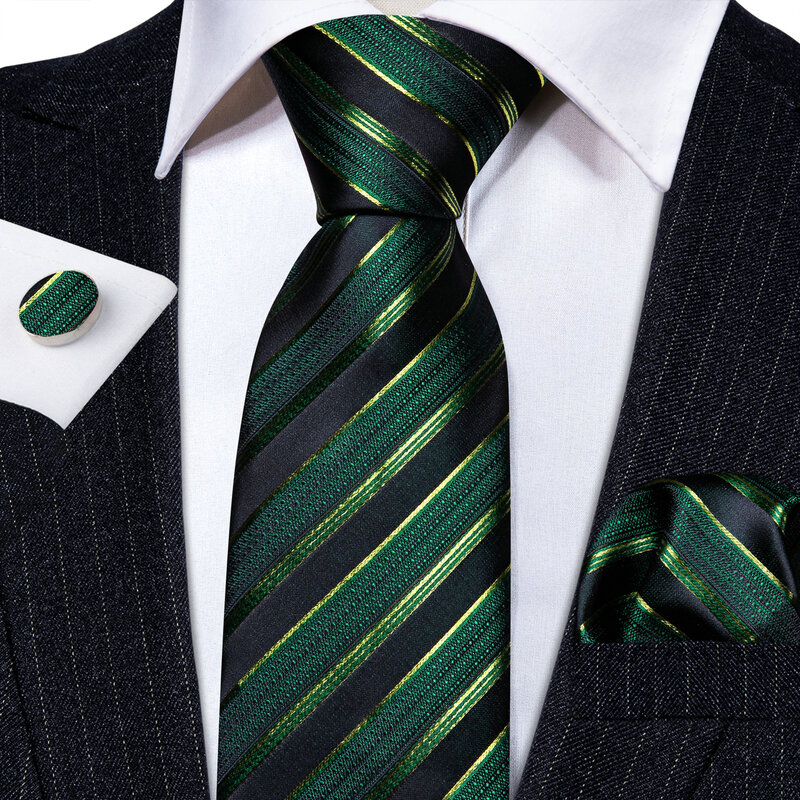 الفاخرة الحرير الرجال التعادل مجموعة الأخضر الأسود مخطط ربطة العنق جيب ساحة أزرار أكمام الزفاف Busienss هدية شحن مجاني باري. وانغ 6211
