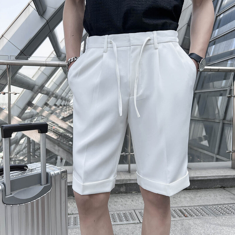 2022 صيف جديد مرونة الخصر الركبة طول الأعمال ملابس رسمية مستقيم السراويل الرجال الملابس بسيطة سليم صالح عادية قصيرة أوم