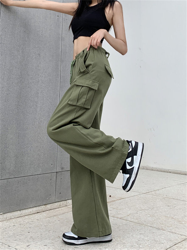 Multi-pocket Green Straight Overalls Women's Summer New High-waisted American Wide-leg Casual Pants Female Thin Section Trousers