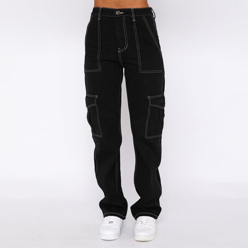 بنطلون جينز بتصميم هاراجوكو سروال جينز نسائي بخصر عالٍ بنطلون نسائي ضيق من قماش الدنيم بنطلون مناسب للجيب بنطلون البضائع مطاطي ملابس الشارع #3