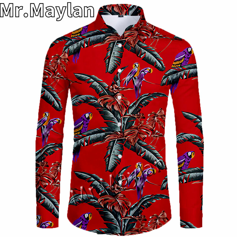 الطيور مع أوراق ثلاثية الأبعاد قميص أحمر قميص هاواي صيفي الرجال ملابس علوية بأكمام طويلة للربيع قميص الرجال قمصان 2023 المتضخم 5XL قميص kamas ...