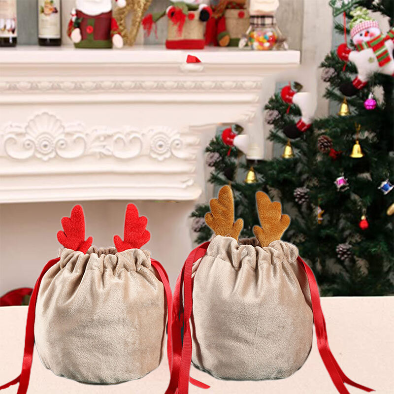 1 قطعة حقيبة عيد الميلاد المخملية الرنة مع سلسلة حمراء 5.1x5.9 بوصة عيد الميلاد كاندي حقيبة هدايا مهرجان الديكور للأطفال