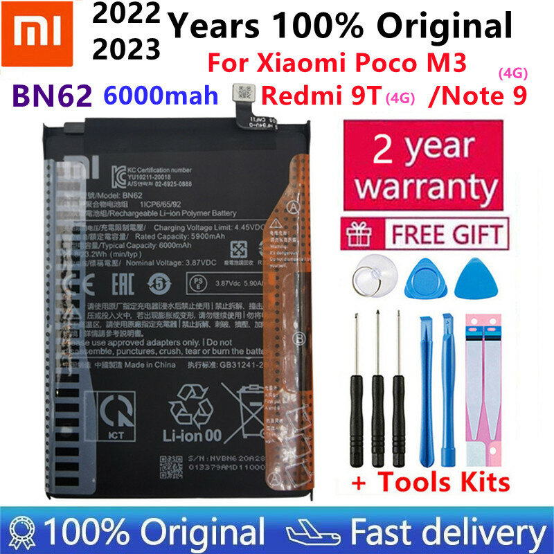 2023 100% الأصلي شياو Mi 6000mAh BN62 بطارية ل شاومي Pocophone Poco M3 ل نوت 9 Redmi 9T Bateria + أدوات مجانية