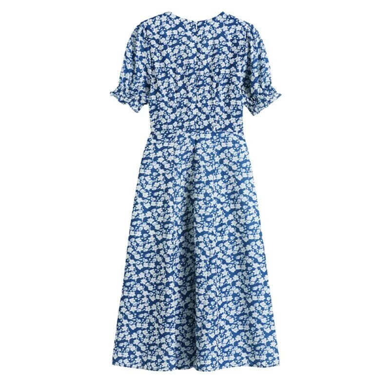 Frocks للنساء فستان صيفي منتصف طول مزاجه الأزرق فستان زهري أنثى سليم الجانب الشق الفرنسية تنورة شيفون طوق مربع