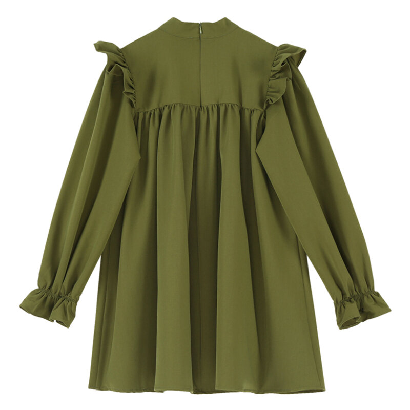 Frocks للنساء أخضر فستان بأكمام طويلة الإناث كشكش طيات تصميم ربيع الخريف جديد الفرنسية تنورة قصيرة فضفاضة تنوعا شيك