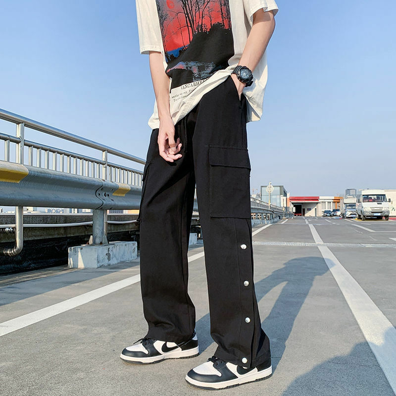 2022 جديد الرجال القطن البضائع السراويل Harajuku نمط سراويل تقليدية مستقيمة للرجال الصلبة جيوب كبيرة فضفاضة واسعة الساق تصميم بنطلون