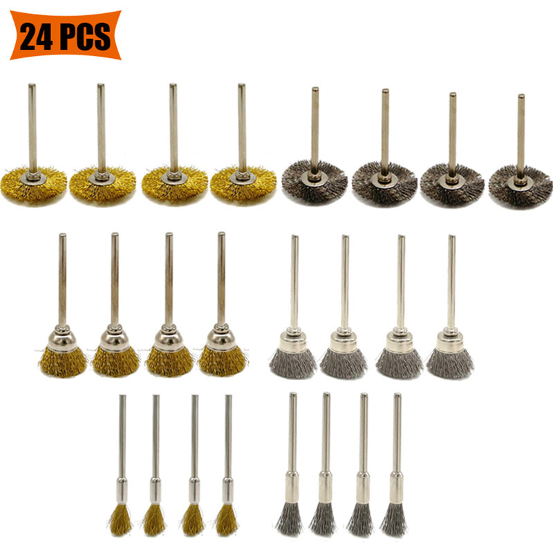 24Pcs Brass Brush Steel Wire Wheel Brushes Rotary Tool For Metal Rust Removal Cleaning Derusting Deburring Polishing Tool #4