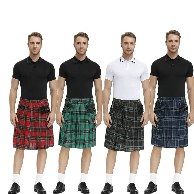 Men Scotland Kilt Traditional Plaid Belt Pleated Bilateral Chain Gothic Punk Hip-hop Avant Garde Scottish Tartan Pants Skirts #1