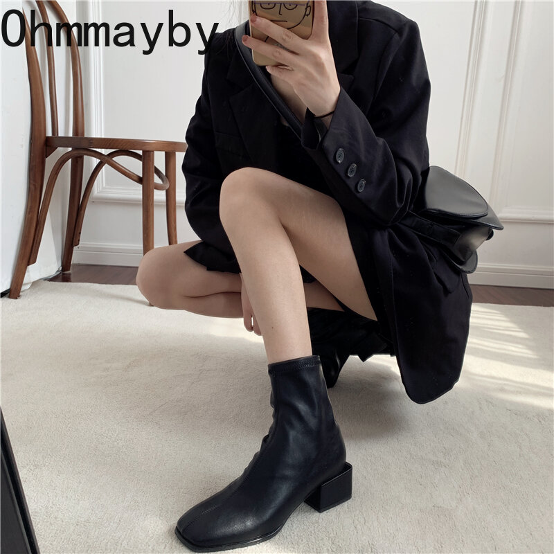 Autumn Thin Ankle Boots For Women 2022 Square Toe Elegant Chelsea Boots Soft Leather Lady Office Fashion Mid Heel 5CM Shoes