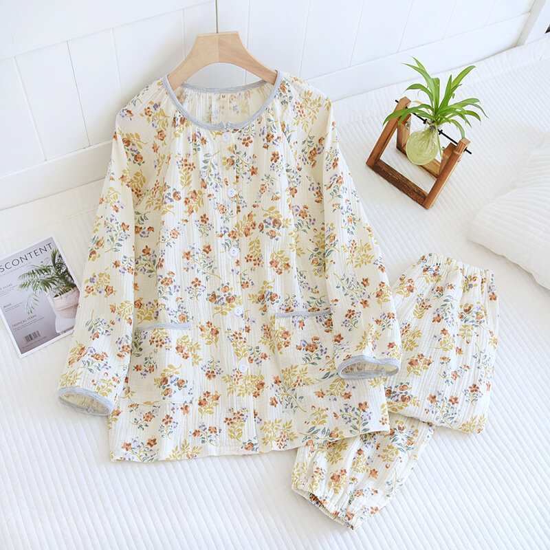 Pure Cotton Pajamas Women's Spring and Summer Forest Floral Fresh Sleepwear Round Neck Double-layer Gauze Japanese Homewear Suit #2