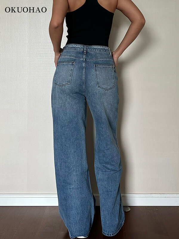 المرأة عالية الخصر الرباط مستقيم جينز غير رسمي فضفاض Y2k خمر سراويل جينز فضفاض الشارع الشهير السراويل الملابس النسائية الجديدة