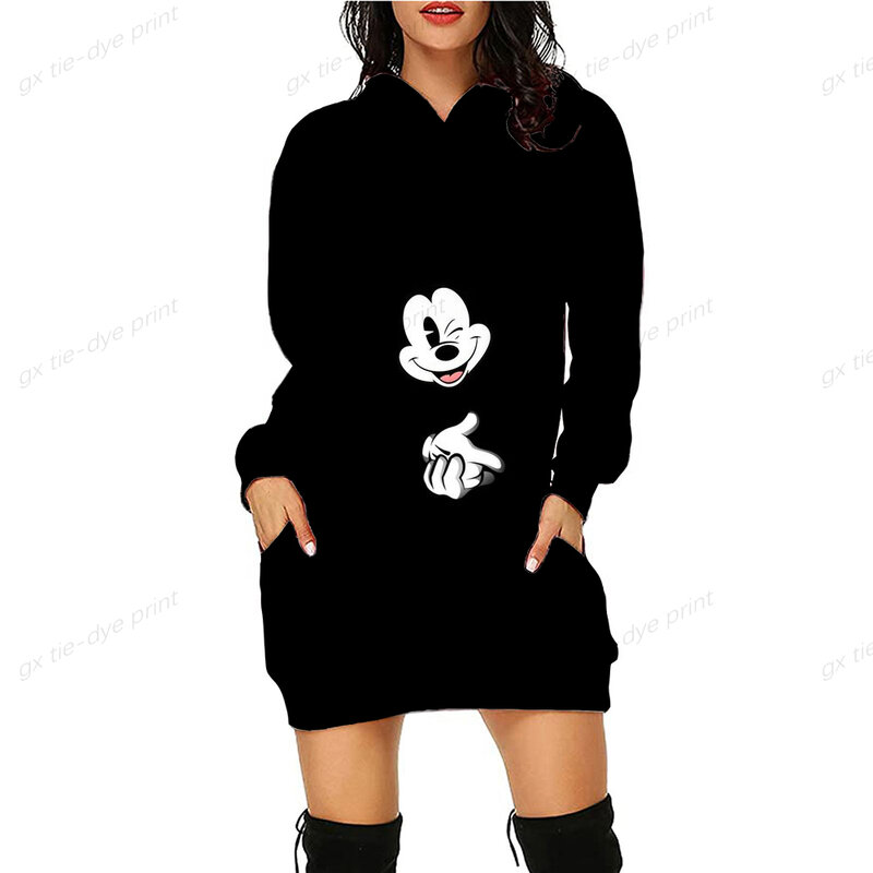 الخريف والشتاء سترة طويلة الحديثة المرأة الملابس لطيف ديزني ميكي ماوس ثلاثية الأبعاد طباعة جيب معطف بقلنسوة هالوين