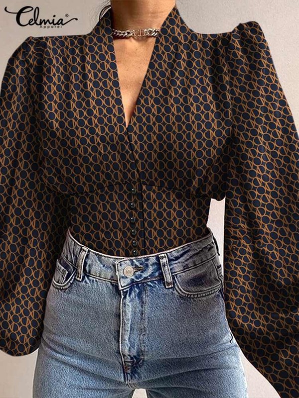 Celmia Vintage 2022 Fashion Shirts Femme Buttons Waisted Sexy V-neck Circle Pattern Long Lantern Sleeve Short Blouses Women Tops