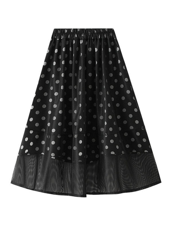 Women Elegant Office Polka Dot Print Mesh Tulle Skirt with Metal Letter Decoration High Waist Black Midi Skirts 2022 Summer K120