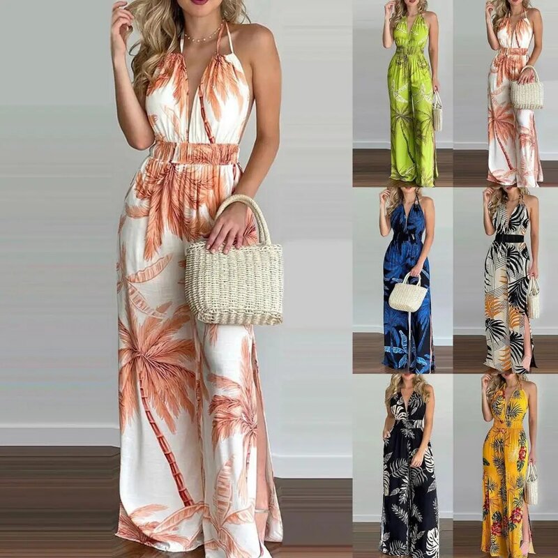 40%HOTSexy Women Jumpsuit Sleeveless Floral Tree Print Wide Leg Slit Hem Backless Halter Loose Romper Overall for Party