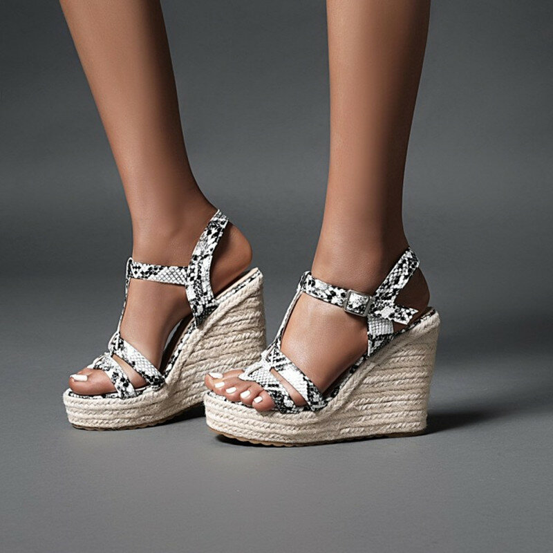 2022 Summer New Fashion Snake Pattern Wedge Heel Super High Heel Muffin Bottom Hemp Rope Comfortable Personality Female Sandals