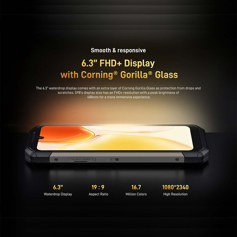 DOOGEE S98 هاتف قوي بشاشة مقاس 6.3 بوصة فائقة الوضوح شاشة عرض صغيرة خلفي هاتف محمول Helio G96 ثماني النواة 8 + 256GB 64MP 33W 6000mAh