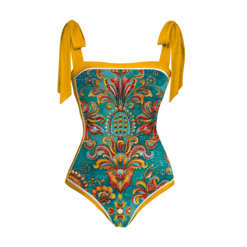 Tankini لباس سباحة نسائي لياقة بدنية نسائي أصفر مع تنورة ضيقة ضمادات صيف شاطئ 2022 طباعة فاخرة أنيقة عتيقة