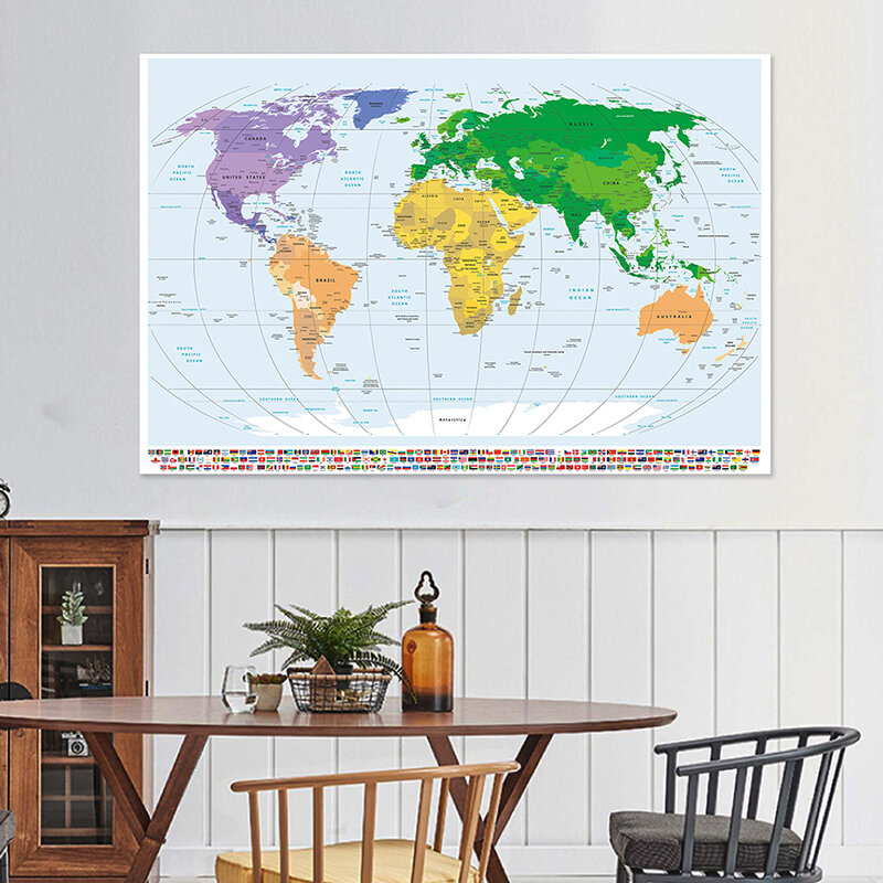 150x225 سنتيمتر العالم خريطة سياسية مع أعلام وطنية Mercator الإسقاط غير المنسوجة حائط لوح رسم ملصق فني ديكور المنزل