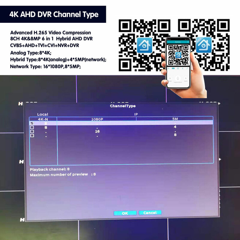 8CH 4K DVR المراقبة بالفيديو XMEYE كشف الوجه 6 في 1 الهجين DVR NVR نظام الأمن 8MP CCTV AHD DVR مسجل فيديو H.265