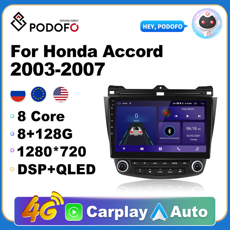 Podofo أندرويد 11 لهوندا أكورد 2003-2007 سيارة ستيريو Autoradio مشغل وسائط متعددة راديو لتحديد المواقع والملاحة واي فاي BT Carplay السيارات