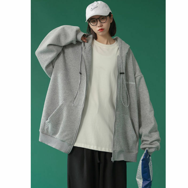 Letter Print Oversized Hoodie Casual Loose Sports Clothes Zip Up Hoodie Spring/Autumn Long Sleeves  Sweatshirt Jacket Streetwear