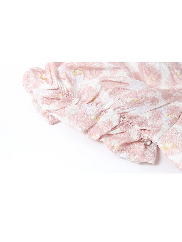 نفخة الأكمام الوردي الأزهار فستان شبكي جديد الصيف الفرنسية عالية الخصر ضئيلة و الحلو المحكمة نمط القوس غرزة الحمالات تنورة الإناث