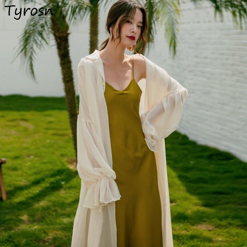 Mid-length Shirts Women Simple Pure Flare Sleeve Breathable Vacation All-match Sun-proof Summer Elegant Chic Korean Style Female #1