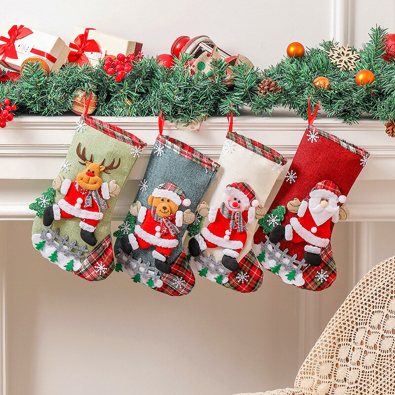 30cm New Year Christmas Socks Gift Hanging Bag Elk Snowman Santa Hat Pendant Festive Celebration Party Room Decoration