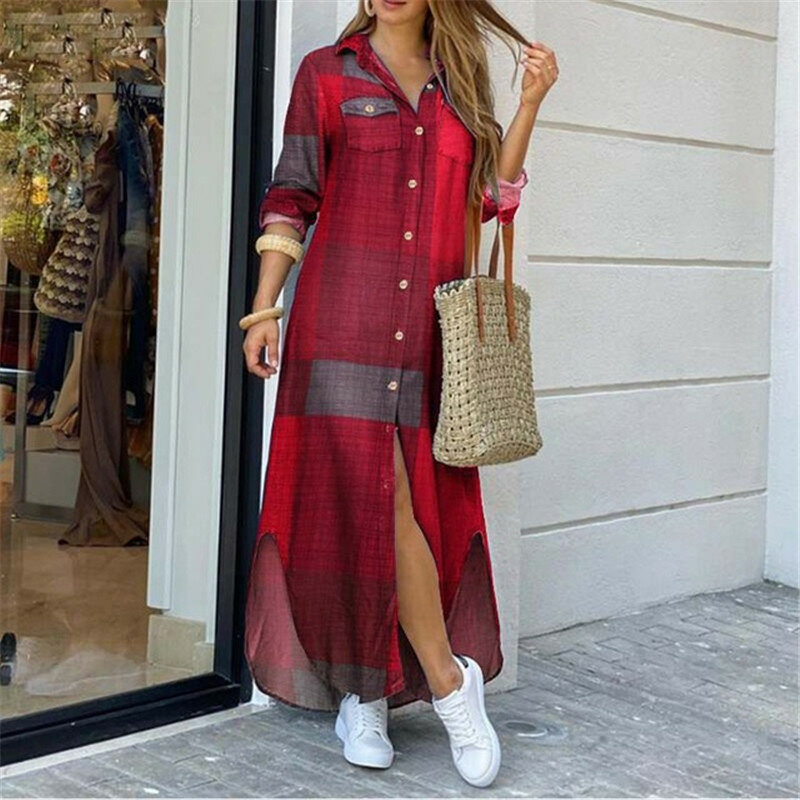 المرأة قميص على غرار زر فستان الصيف الخريف عادية واحدة الصدر المطبوعة فستان أنيق طويل الأكمام فضفاضة منقوشة رداء طويل