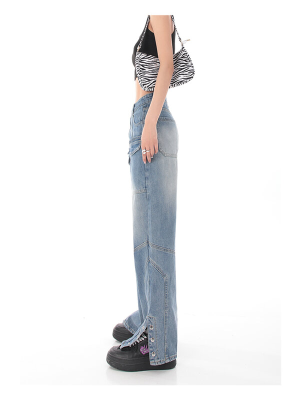 شارع العليا ريترو فيبي نمط الأدوات الجينز المرأة ربيع جديد عالية الخصر مستقيم فضفاض عادية الصدر سراويل جينز محايد