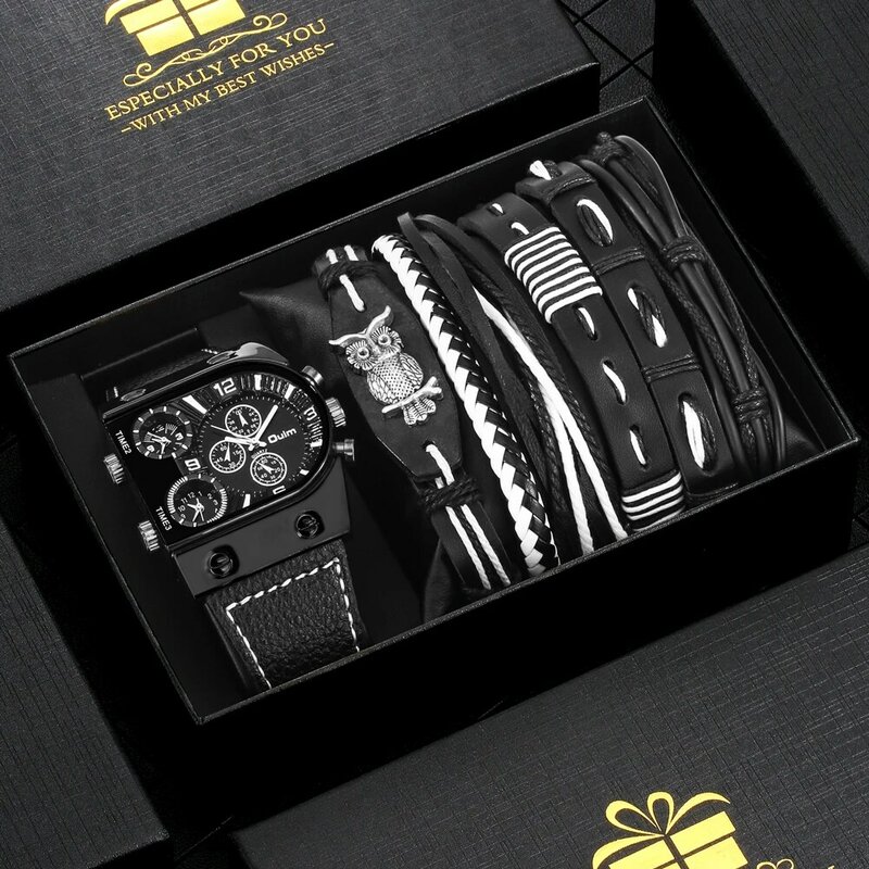 متعدد الوقت منطقة فاخرة ساعة رجالي مجموعة شخصية المنسوجة الجلود سوار أبيض الهاتفي عالية الجودة كوارتز ساعة اليد أفضل هدية صندوق #3
