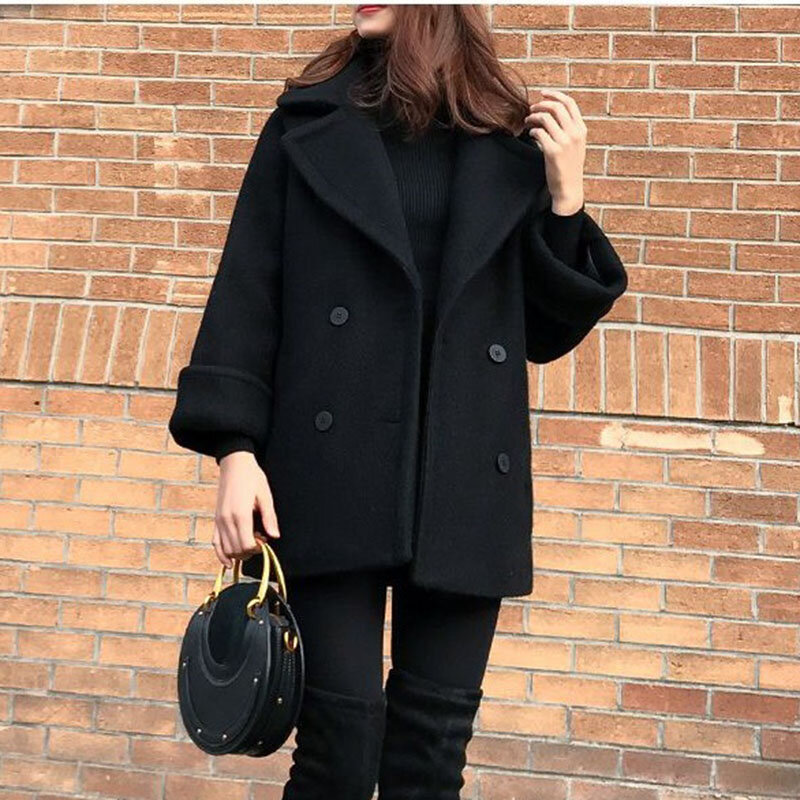 المرأة معطف الصوف الأسود مزيج ، معطف فضفاض ، مزدوجة الصدر ، منتصف طول الصوف ، أبلى ، المد الكورية ، الخريف ، الشتاء ، المد Q311 ، 2022