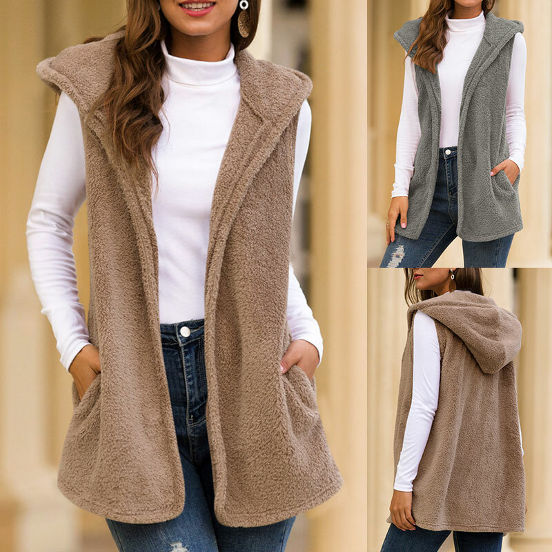 Women Fashion Causal Winter Long Solid Color Hooded Vest Overcoat Autumn Female Pocket Coat S-5XL