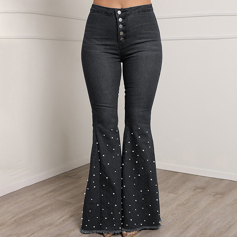 سراويل نسائية مضيئة جينز صيفي جديد بخصر عالٍ جينز نسائي مطاط متوهج جينز بناتي جينز ضيق واسع الساق من قماش الدنيم