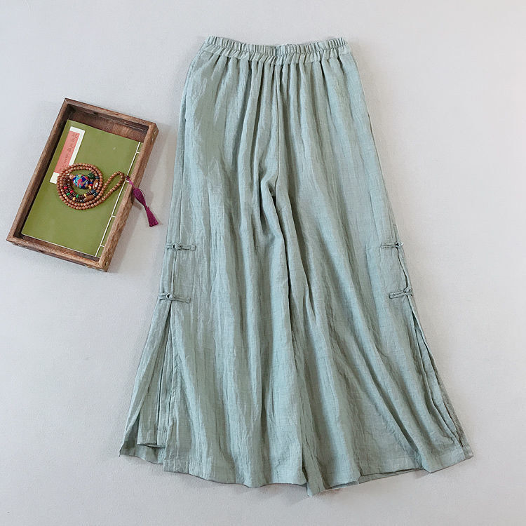2pcs Set Vintage Embroidered Top Wide Leg Pants Summer Thin Cotton Linen Zen Tea Suit  Traditional Chinese Clothing for Women