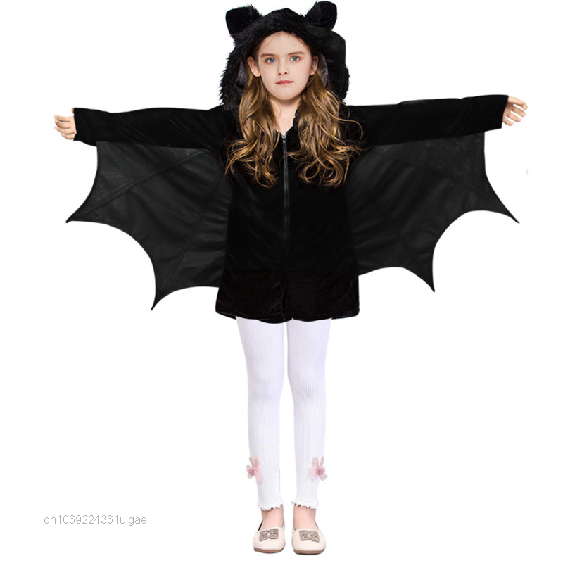 2022 جديد هالوين ملابس الأطفال عباءة الخفافيش عباءة ساحرة الهيكل العظمي تأثيري الملابس بذلة قطعة واحدة الاطفال السود مقنعين مجموعات