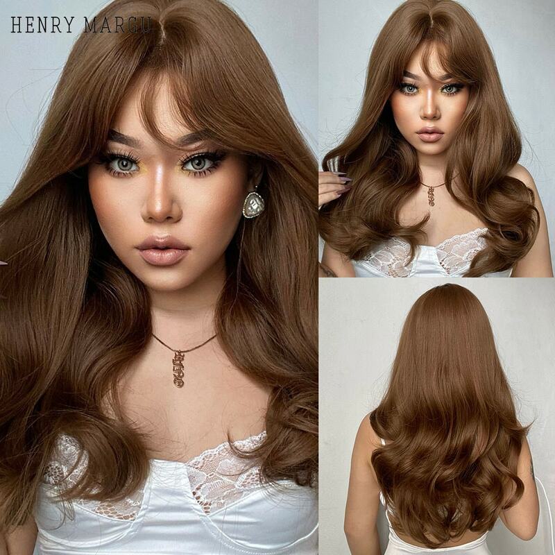 HENRY MARGU Long Honey Brown Synthetic Wigs with Bangs Natural Wave Wigs for Afro Women Heat Resistant Cosplay Party Daily Hair