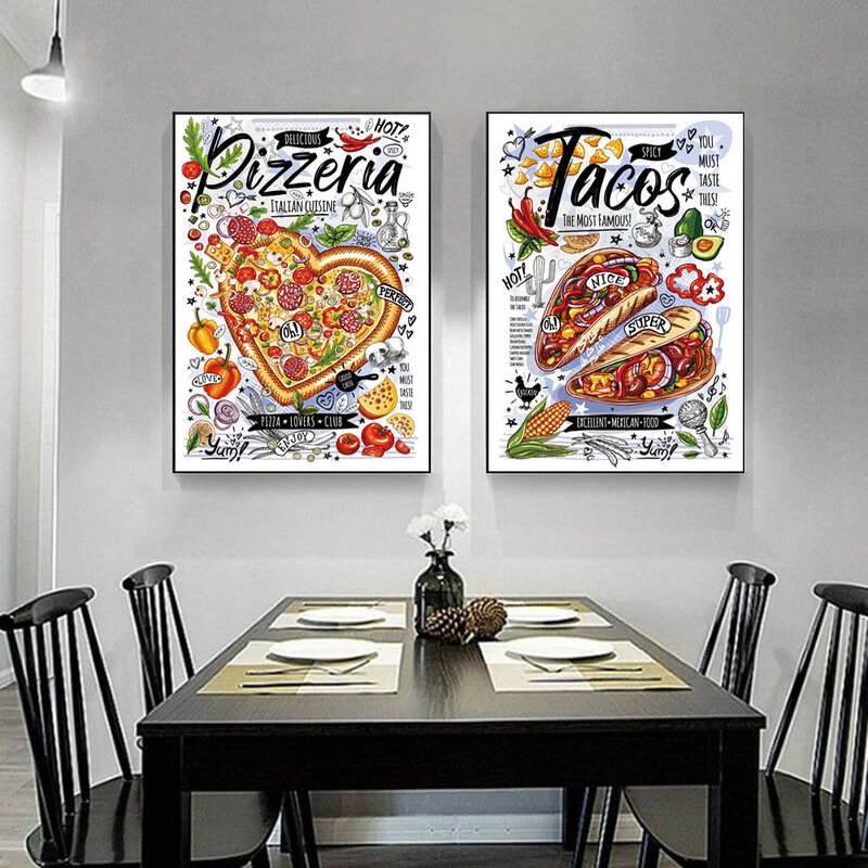 الكتابة على الجدران الفن جميع أنواع الطعام قماش اللوحة تورتيلا همبرغر المطبخ الجدار ملصق فني غرفة الطعام ديكور المنزل جدارية