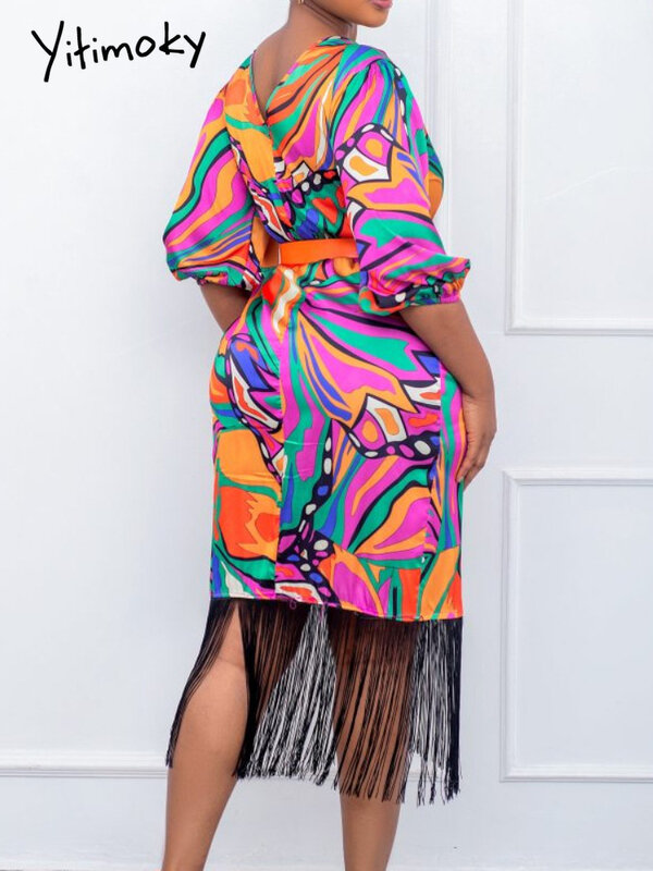 Yitimoky 2022 Women Printed Dress Tassel Fringe Patchwork Vintage Retro Elegant Classy Female Robes African Ladies Party Gowns