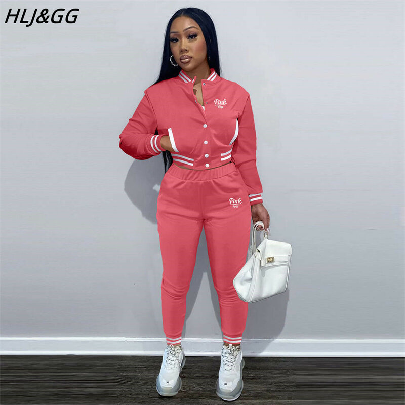 HLJ & GG ملابس رياضية نسائية زي البيسبول 2 قطعة مجموعة الوردي إلكتروني طباعة سترة معطف + السراويل رياضية الربيع موضة كلوبوير