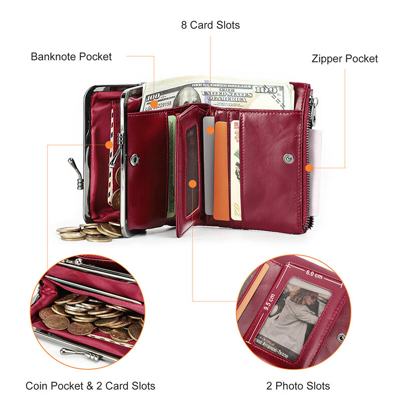CONTACT'S جلد طبيعي محافظ للنساء قصيرة Bifold موضة حقيبة يد نسائية إطار معدني حاملي بطاقة محفظة للعملة المال كليب #5