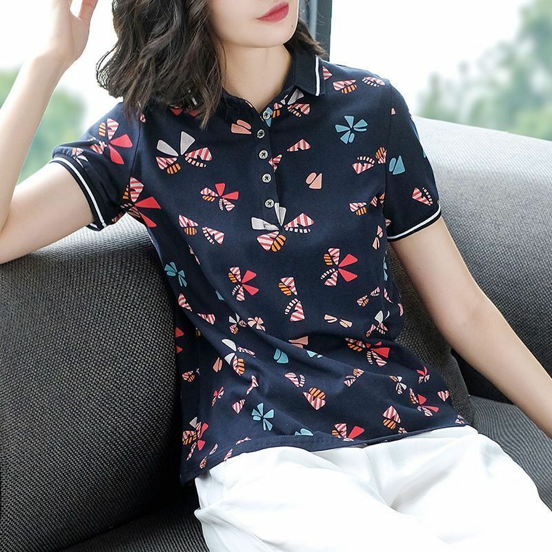2022 Women Print Fashion Top Summer Female Casual Polo Collar Short Sleeve T-shirt for Girls Vintage Button Up T Shirts Top A36