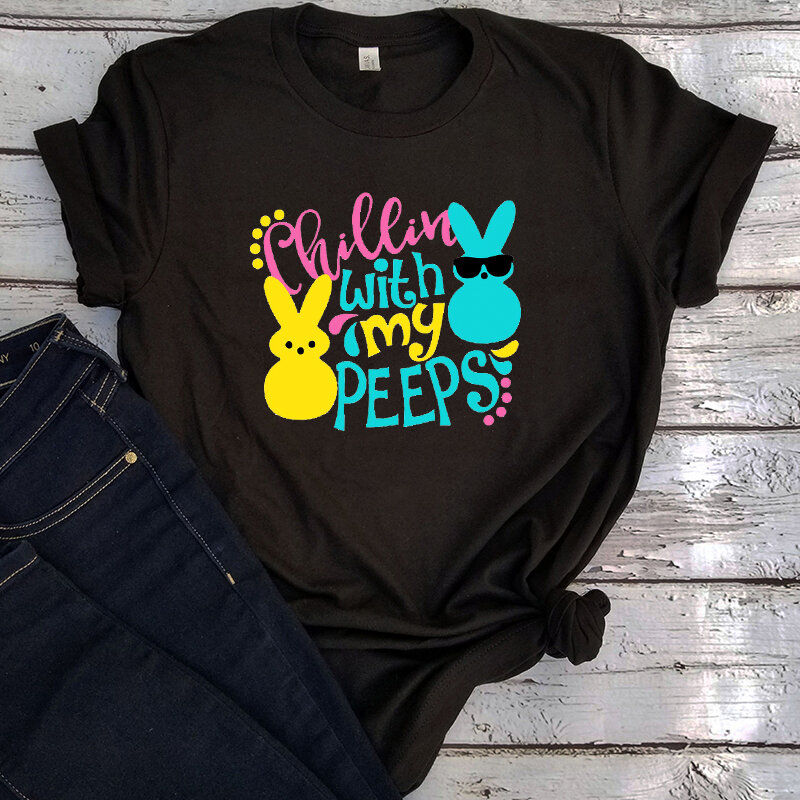 Chillin with My Peeps T Shirt Women 2022 Easter Peeps Girls Bunny Shirt Vintage Streetwear Clothes M