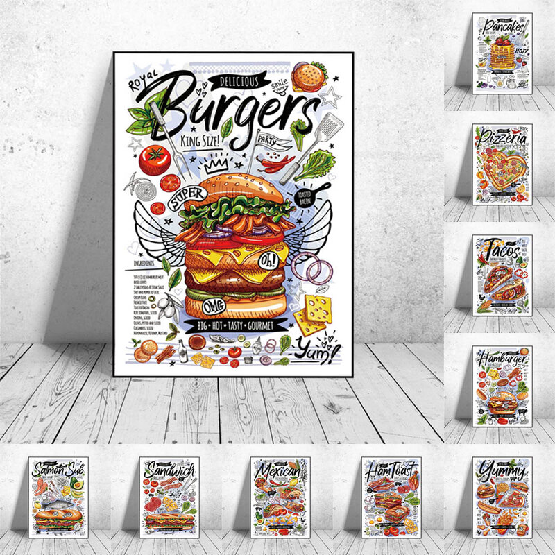 Graffiti art all kinds of food canvas painting tortilla hamburger kitchen wall art poster dining room home decoration mural