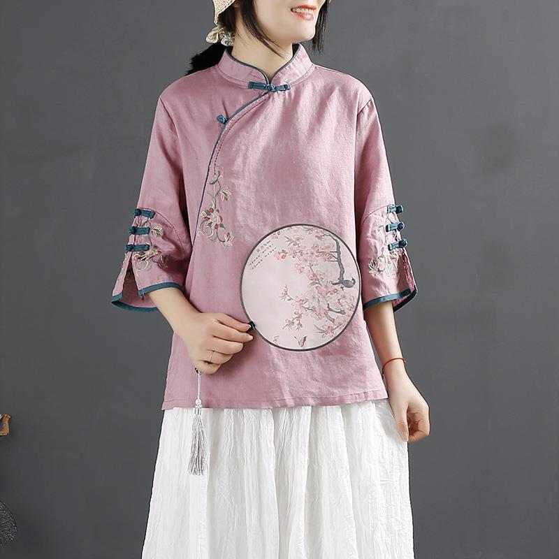 New Chinese Style Retro Cotton and Linen Shirt Women Spring Summer Chinese Stand-up Collar Button Blouse Embroidered Tea Service