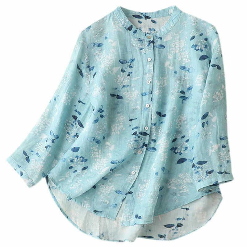 Cotton Linen Retro Printed Shirt Womens Tops 2022 Spring Fall New Button Up Shirt Harajuku Long Sleeve Loose Casual Top Blusas